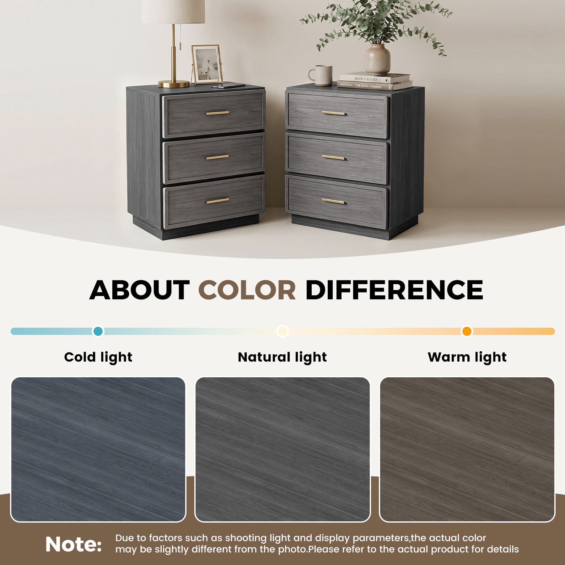 MOONMISS Modern 3-Drawer Nightstand Set of 2,Bedside Table with Sturdy Base & Gold Handles for Bedroom,Living Room,Gray