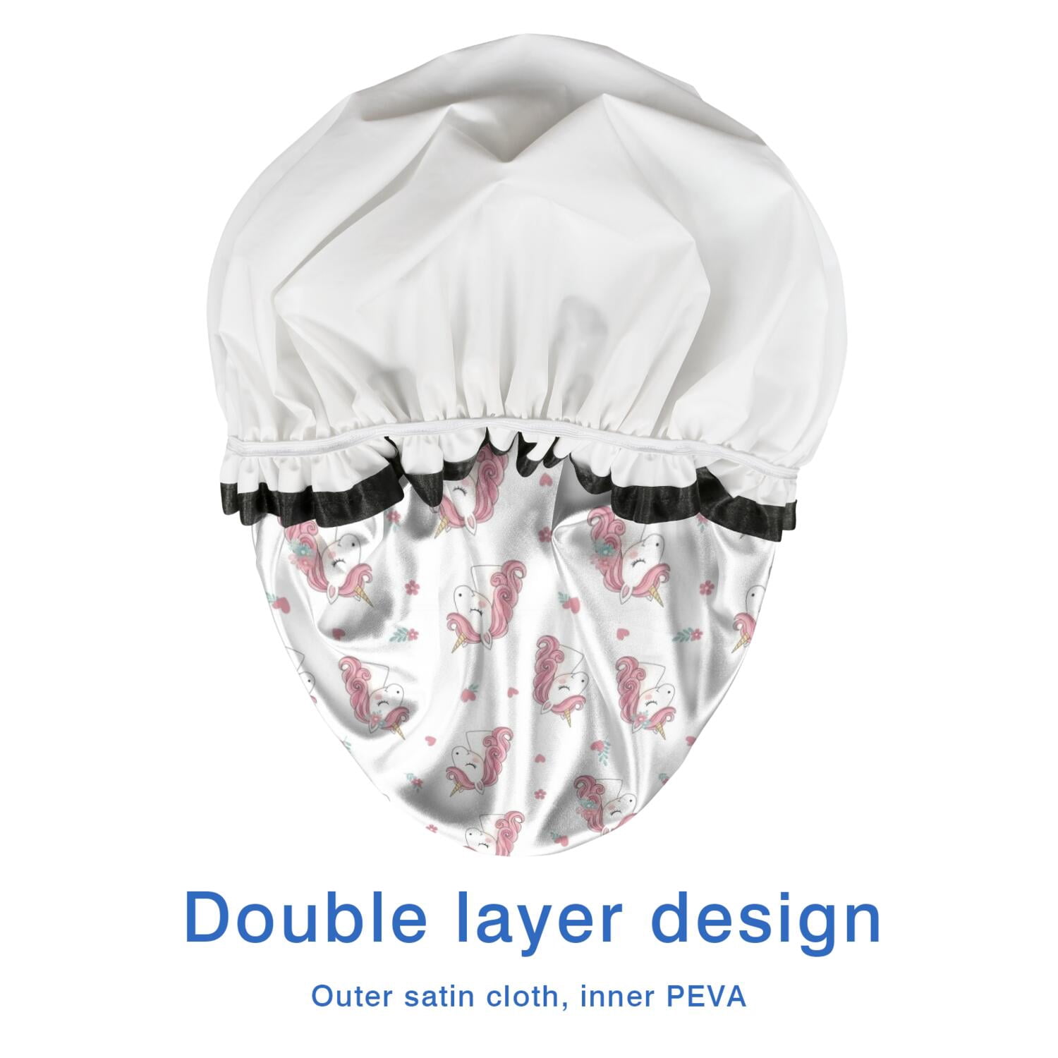 Shower Caps,White Cartoon Unicorn Face Pattern Waterproof Shower Cap for Women 4 Pieces,Double Reusable Hair Cover for Shower PEVA Elastic Stretch Hem