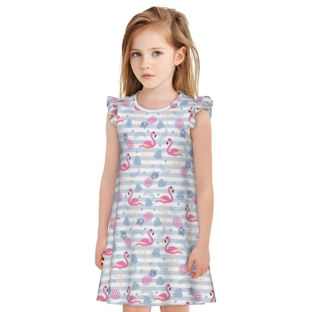 Balery Flamingo and Pineapple Camisón de princesa para niñas, pijama de algodón con mangas abullonadas, suave y bonito.-Medium