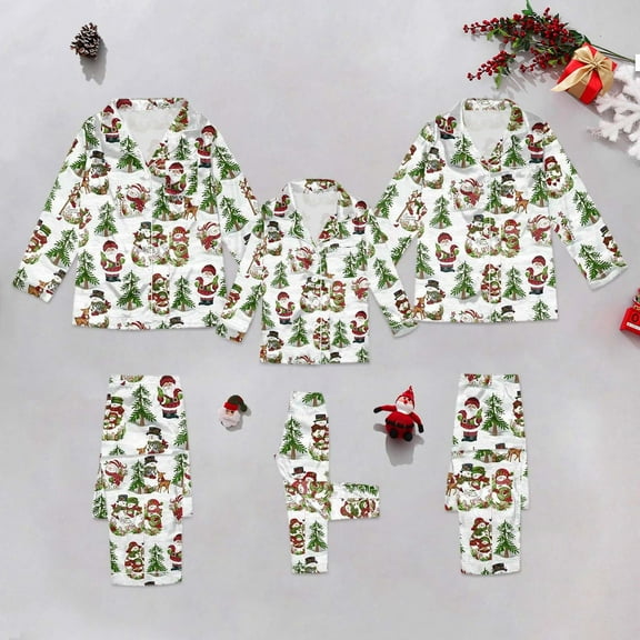 FAOWME Christmas Family Matching Pajamas Sets Three Pieces Long Sleeve Turndown Collar Button Top And Pant Sleepwear Loungewear For Women Mom-Beige L