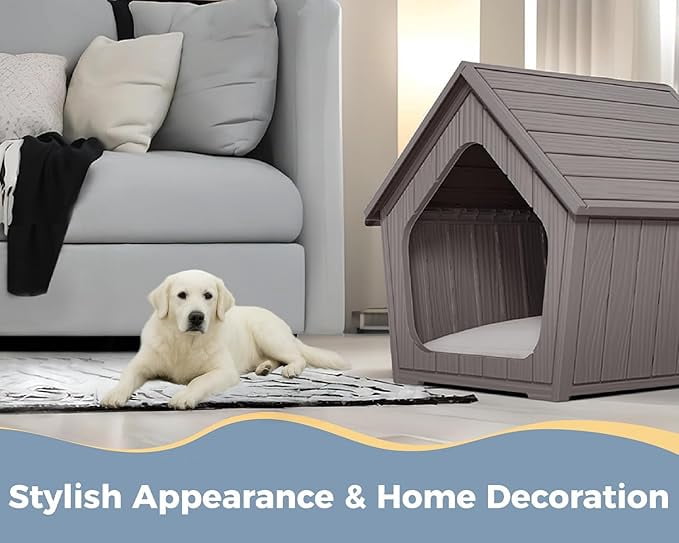 YOSADIER Dog House Indoor Outdoor Durable Resin Material Houses for Dogs Outside Weatherproof Cozy Small Dog Houses Pet Shelter for Patio, Porch, Living Room-Brown