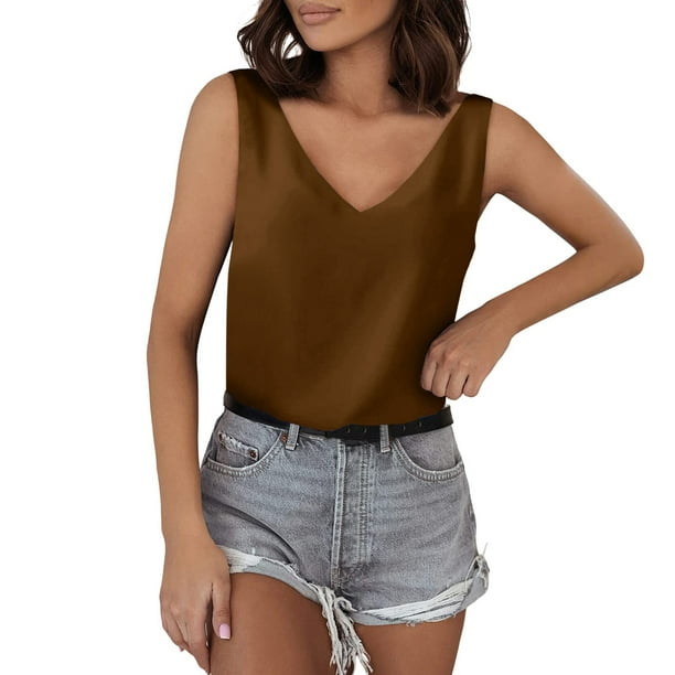 Camiseta sin mangas de seda satinada con cuello en V para mujer - Blusa básica de tirantes de poliéster para verano con estampado floral