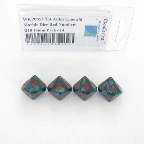 Ankh Emerald Marble Dice with Red Numbers D10 16mm (5/8in) Pack of 4 Wondertrail