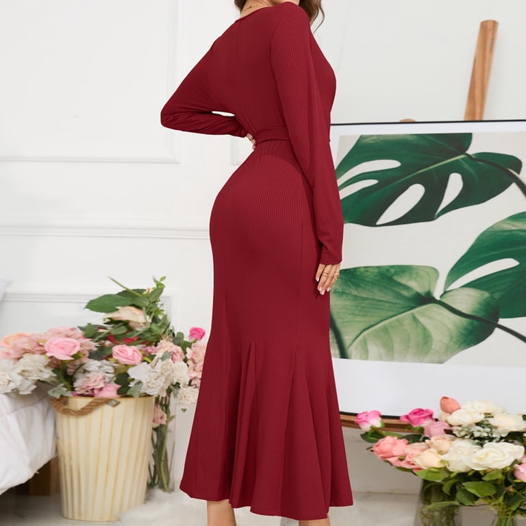 fall fitted dresses CAICJ98 Sweater Dress for Women Ribbed Knit Fitted Midi Fall Winter Bodycon Cowl Neck Dresses Plus Size Dress for Women Grey,S, Adult Unisex, Size: