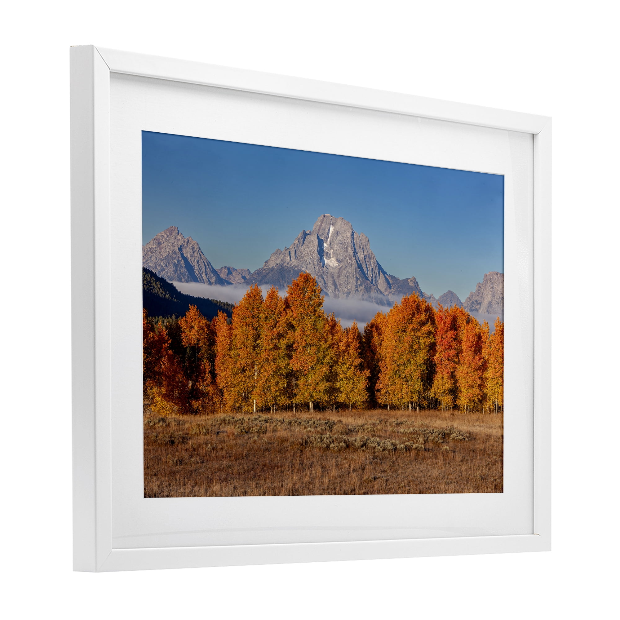 Autumn Tree Line With Mountain White Framed Print Under Glass, design by Shelley Carlisle