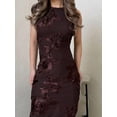thumbnail image 3 of Brown Womens Elegant Jacquard Sleeveless Fitted Maxi Dress With Floral Embroidery, 3 of 6