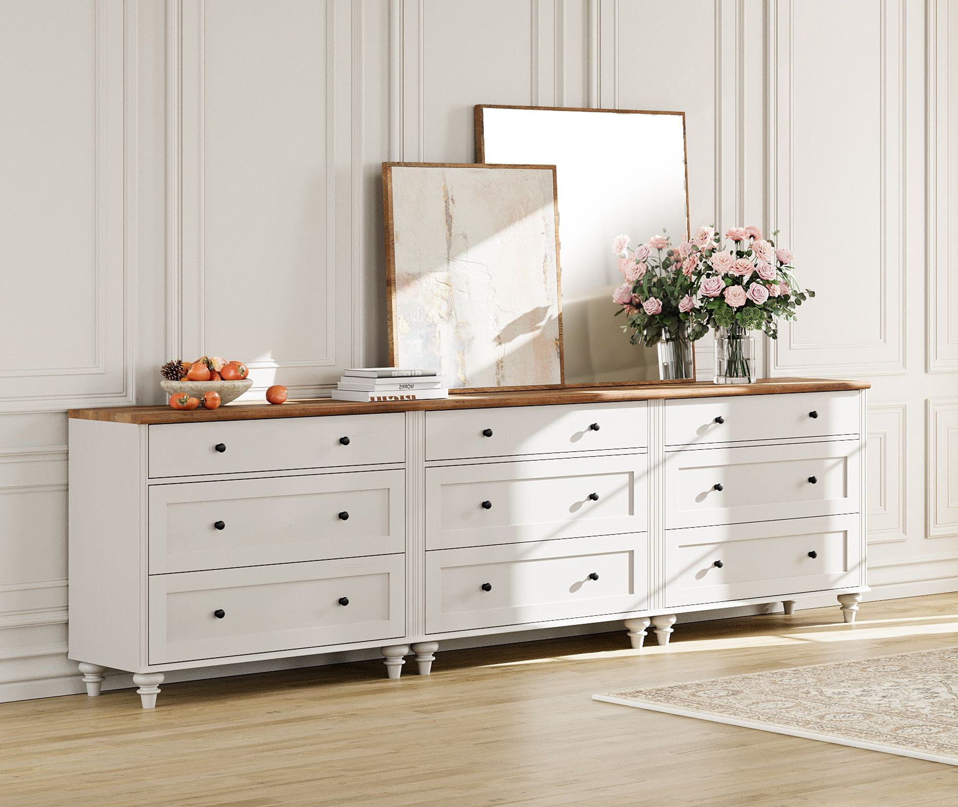 FITUEYES Farmhouse Dresser for Bedroom with 3 Drawers, MDF Material, Mid Century Modern Kids Dressers with Wood Closet Storage Organizer