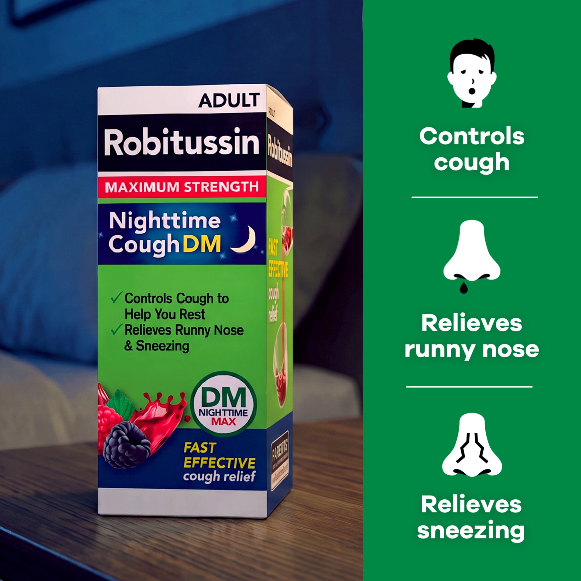 Robitussin Maximum Strength Cough + Chest Congestion DM and Maximum Strength Nighttime Cough Dm, Cough Medicine, Berry Flavor - 4 Fl Oz Bottles (Pack of 2)