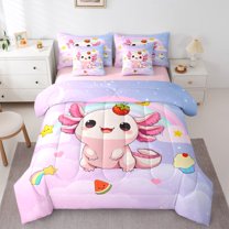 Manfei Cute Cartoon Salamander 7pcs Bedding Comforter Set,Rainbow Watermelon Cake Queen Bedding Sets,Pink Kawaii Axolotl Queen Sheet Sets For Girl Kids,Super Cozy Room Decor Reversible