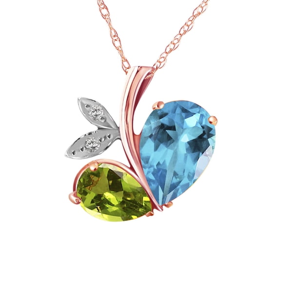 Galaxy Gold 14K Solid Rose Gold 18" Modern Heart Necklace with 5.26 CTW Natural Blue Topaz, Peridot, and Diamonds, 14"-24" Sizes, Symbol of Calm and Renewal
