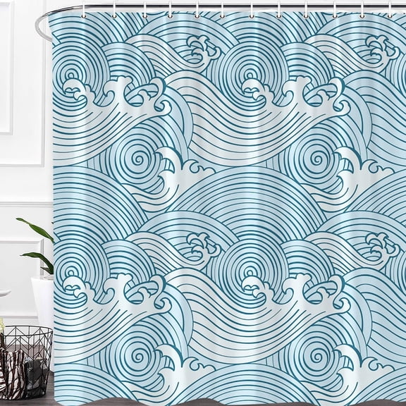 Wave Shower Curtain Blue Ocean Boho Abstract Art Nautical Coastal Japanese Sea Waves Bathroom Decor Set with Hooks 72X72 Inch