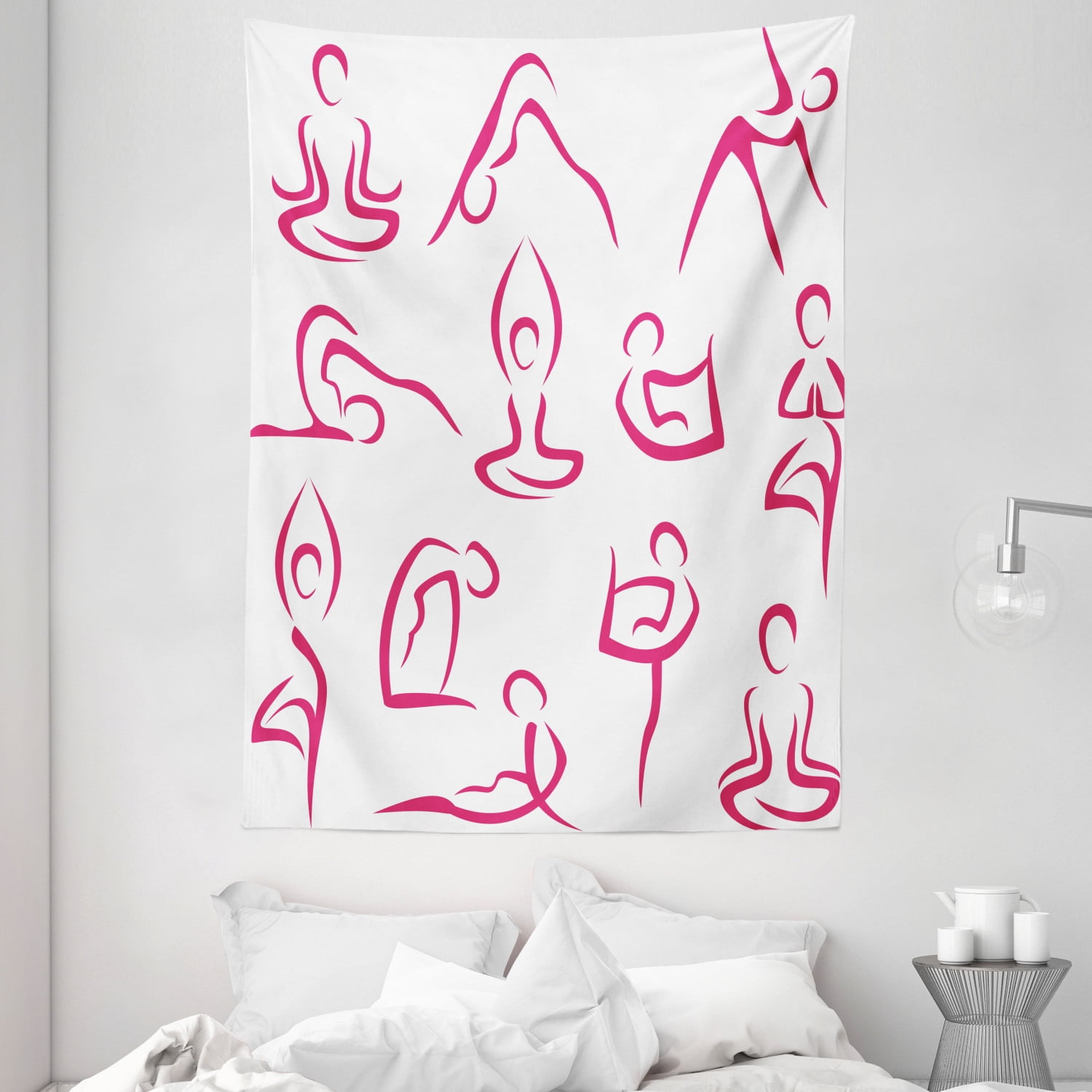 Yoga Tapestry, Doodle Style Women Figures Various Exercise Poses