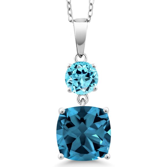 Gem Stone King 6.20 Cttw London Blue Topaz and Swiss Blue Topaz Pendant Necklace for Women | 925 Sterling Silver | Gemstone November Birthstone | Cushion 10MM | Round 6MM
