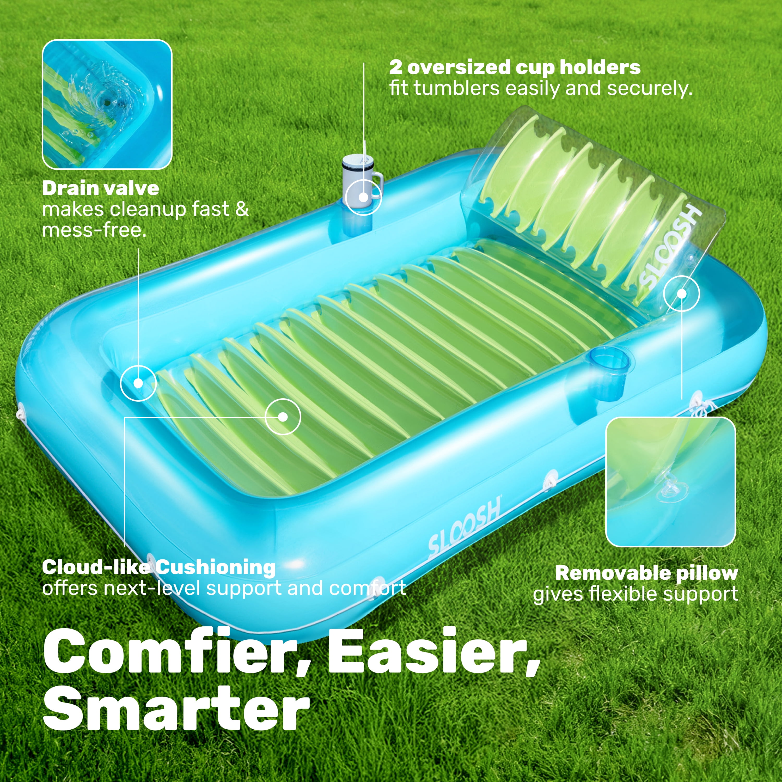 SLOOSH Inflatable Tanning Pool Lounger Float, 85" x 57" Extra Large Suntan Sun Tan tub for Adults, Tanning chair, Bed Blow up, Raft Lounge Floatie,XL-Blue Green