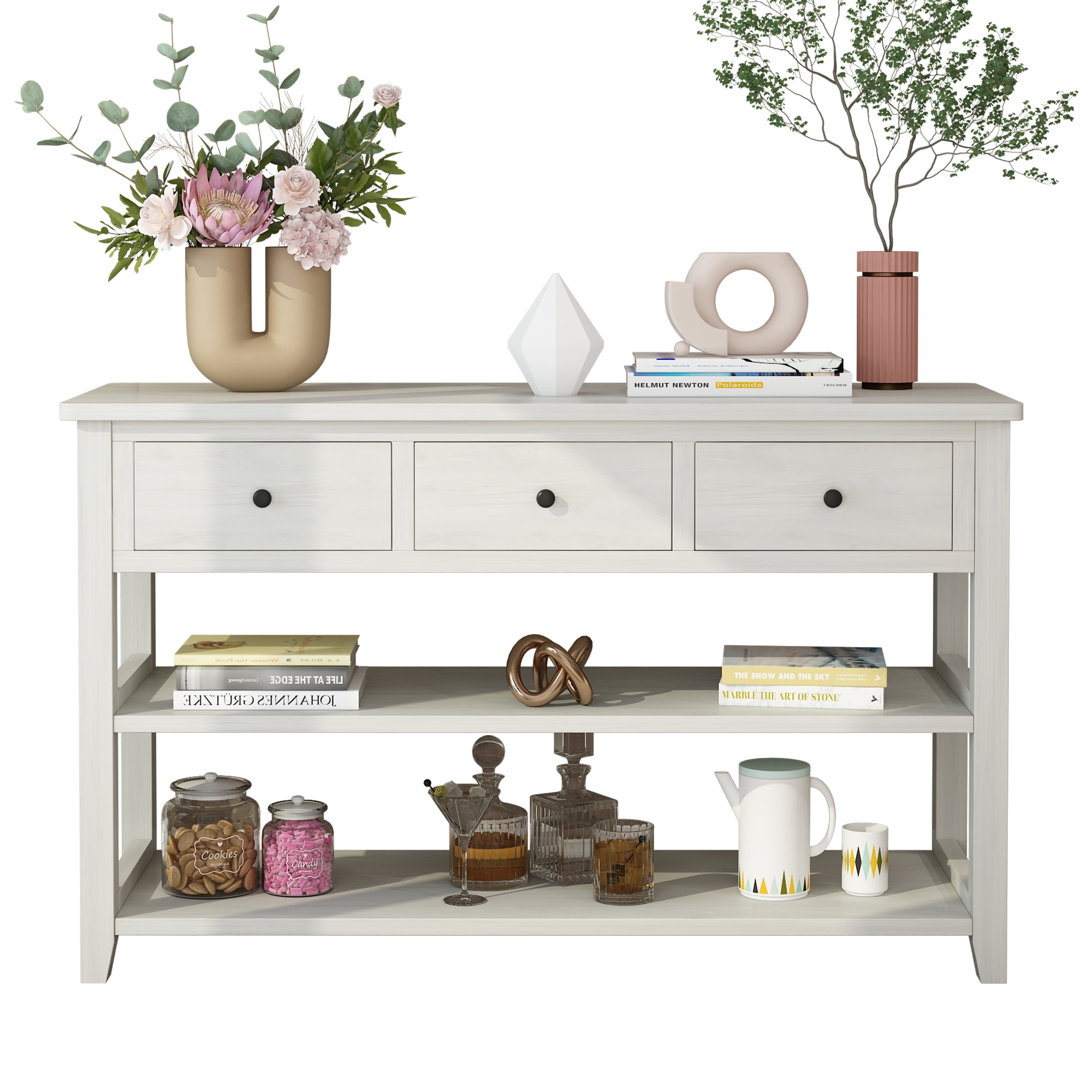Ktaxon 3-Tier Wood Console Table with 3 Drawers and Shelves, Narrow Long Sofa Entryway Table for Living Room, Hallway, Foyer, Office, White