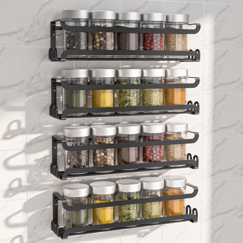 4 Pack Wall Mounted Spice Rack with 16 Hooks, Spice Organizer Shelf for Stove Cabinet Pantry Door,Screw or Adhesive Spice Shelf Hanging Wall Spice Rack in Kitchen and RV (Black, 4 PACK)