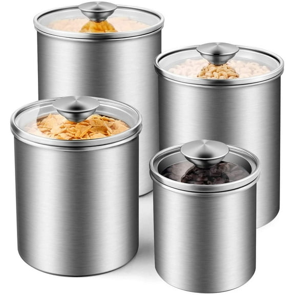 Airtight Canister Sets for the Kitchen Counter, 4-Piece Stainless Steel Food Storage Container with Tempered Glass Lids for Coffee Tea Nuts Sugar Flour