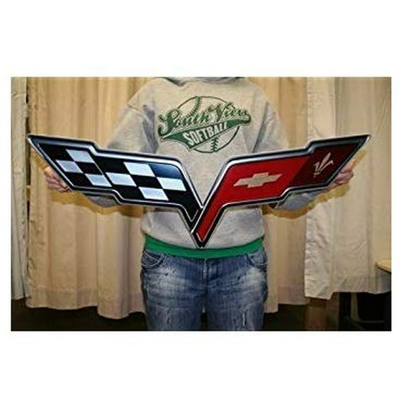 C6 Corvette Drapeau Croisé Emblème Mural Grand Art en Métal 05-13 Full 32 Pouces par 12 Pouces en Taille Drapeau Croisé