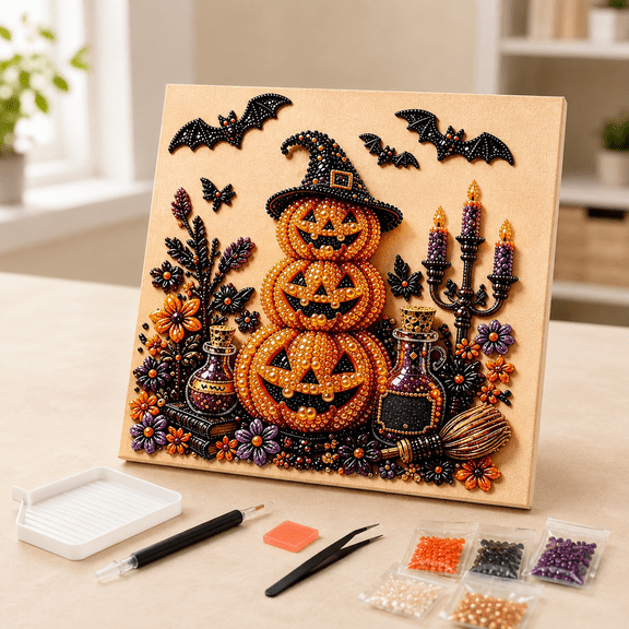 Halloween Diamond Art Kit for Adults, Gothic Spooky Full Drill Craft Set, Resin Crystal & Pearl Bead Painting, DIY Fall Wall Decor for Home, Holiday Art Project A