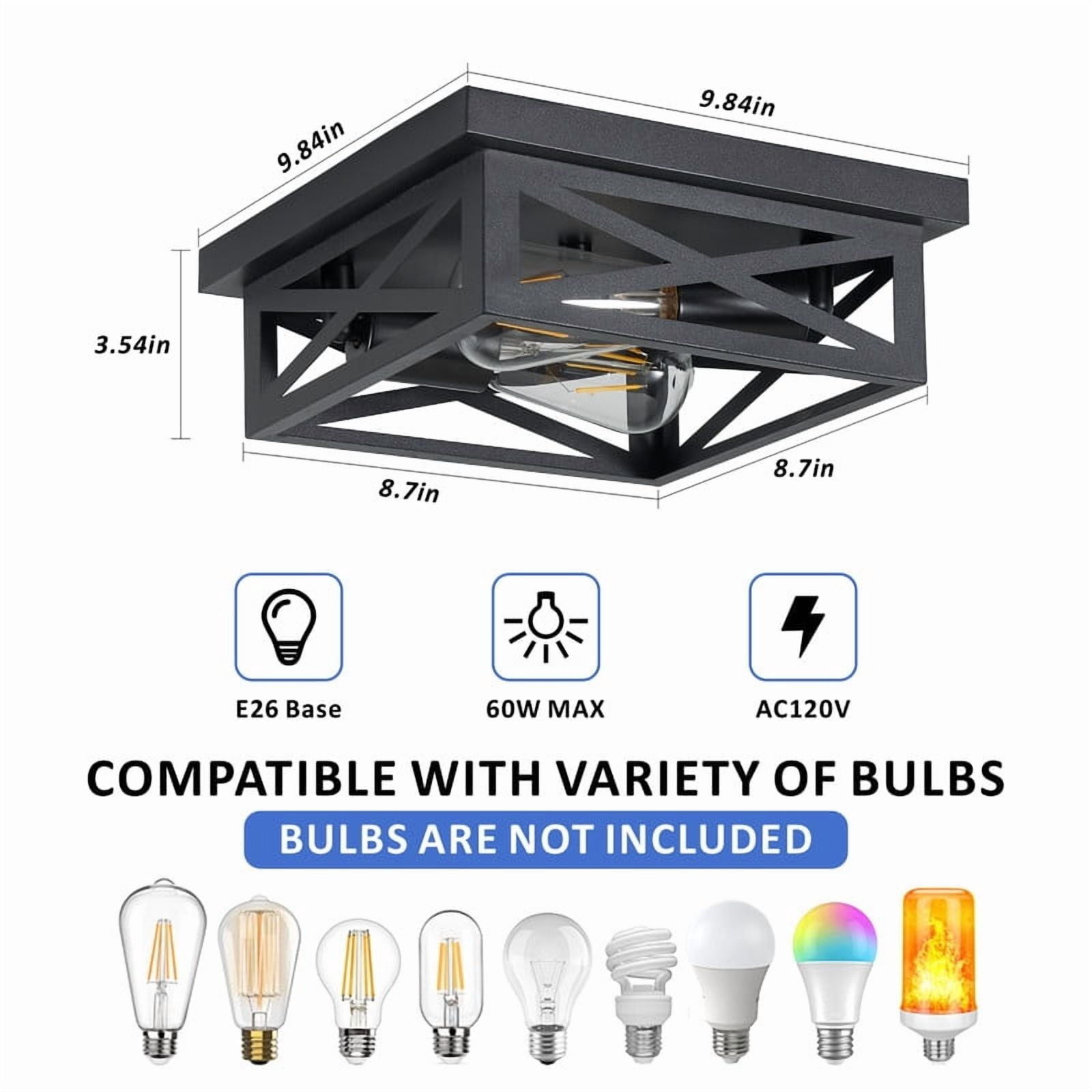 GCGAFUL 2-Pack Farmhouse Flush Mount Ceiling Light, 2-Light Matte Black Rustic Iron Square Ceiling Fixture, Farmhouse Ceiling Decor for Hallways, Kitchens, Living Rooms. E26 Base