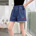 thumbnail image 4 of CPNG Kids Children Girls Daily Denim Shorts Summer Casual Strawberry Embroidery Elastic High Waist Shorts with Pockets(Dark Blue,13-14 Years), 4 of 5