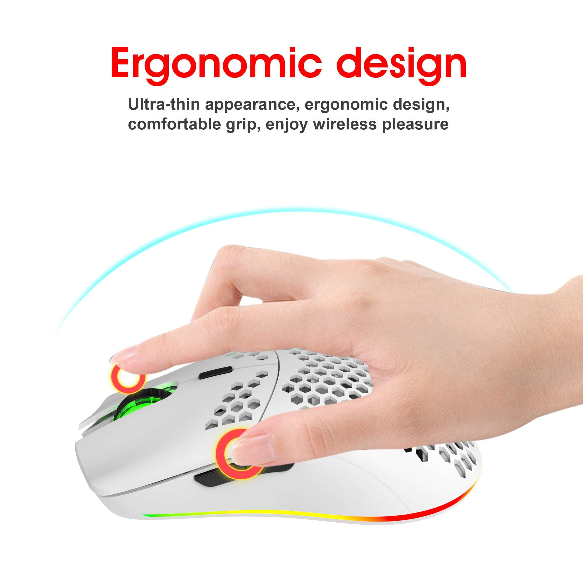 Hexamurby Ultralight Wireless Gaming Mouse,6 Kinds RGB Backlit,5 Levels Adjustable,Lightweight Honeycomb Shell Mice for PC Gamers(White)