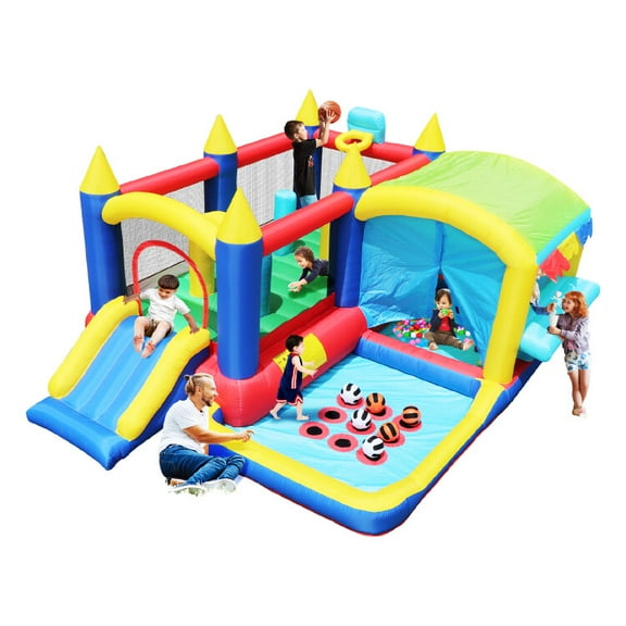 7-in-1 Inflatable Bounce House - Ball Pool, Trampoline, Tic-Tac-Toe, Basketball Hoop, Slide, Boxing Column and Story, for Kids Indoor Outdoor Party, Family Fun, Obstacles, Birthday Party Gifts
