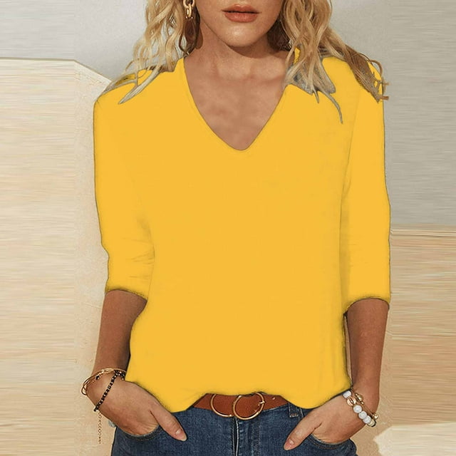Eiyaclvo Womens 3/4 Sleeve Tops Casual V Neck T Shirts Trendy Cute Three Quarter Length Shirts Spring Summer Solid Color Basic Tees