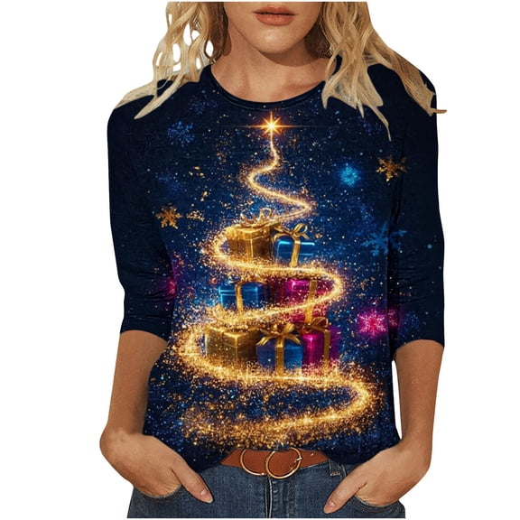 Oksale Womens Plus Size Christmas Tshirts Loose Comfy 3/4 Sleeve Cute Xmas Trees Print Pullovers Casual Crewneck Fall Shirts Fashion Tees Multicolor M