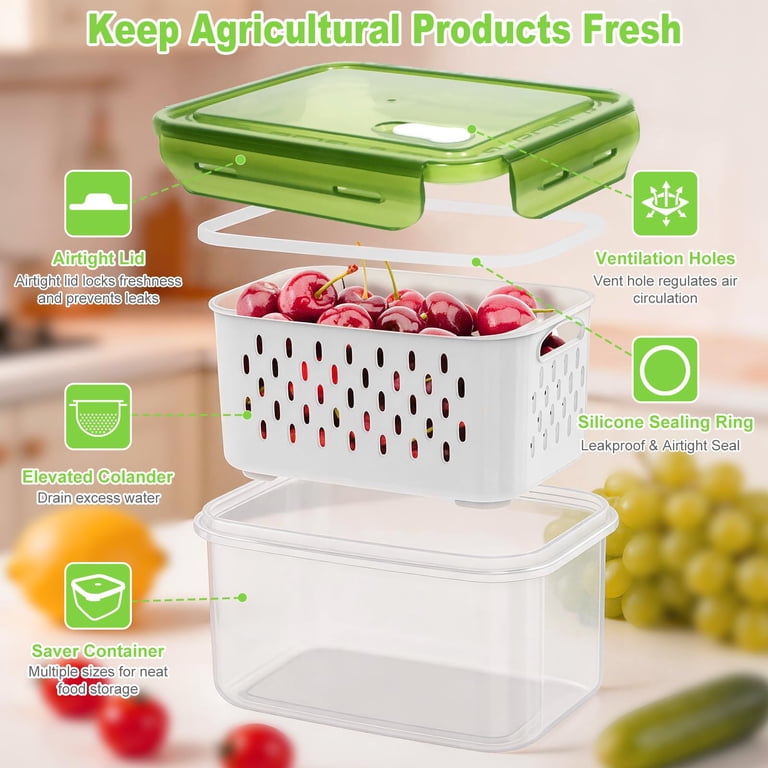 4pack Fruit Storcontainer For Fridge With Colander And Vent - Green ...