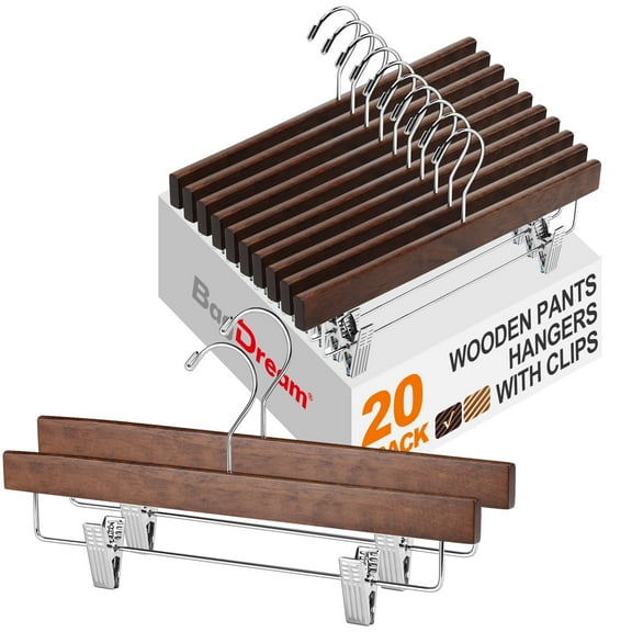 BagDream Wooden Pants Hangers with Clips, 14 Inch Wood Skirt Hangers Trousers Bottom Hangers for Jeans, Slacks, Shorts, 20 Pack, Walnut