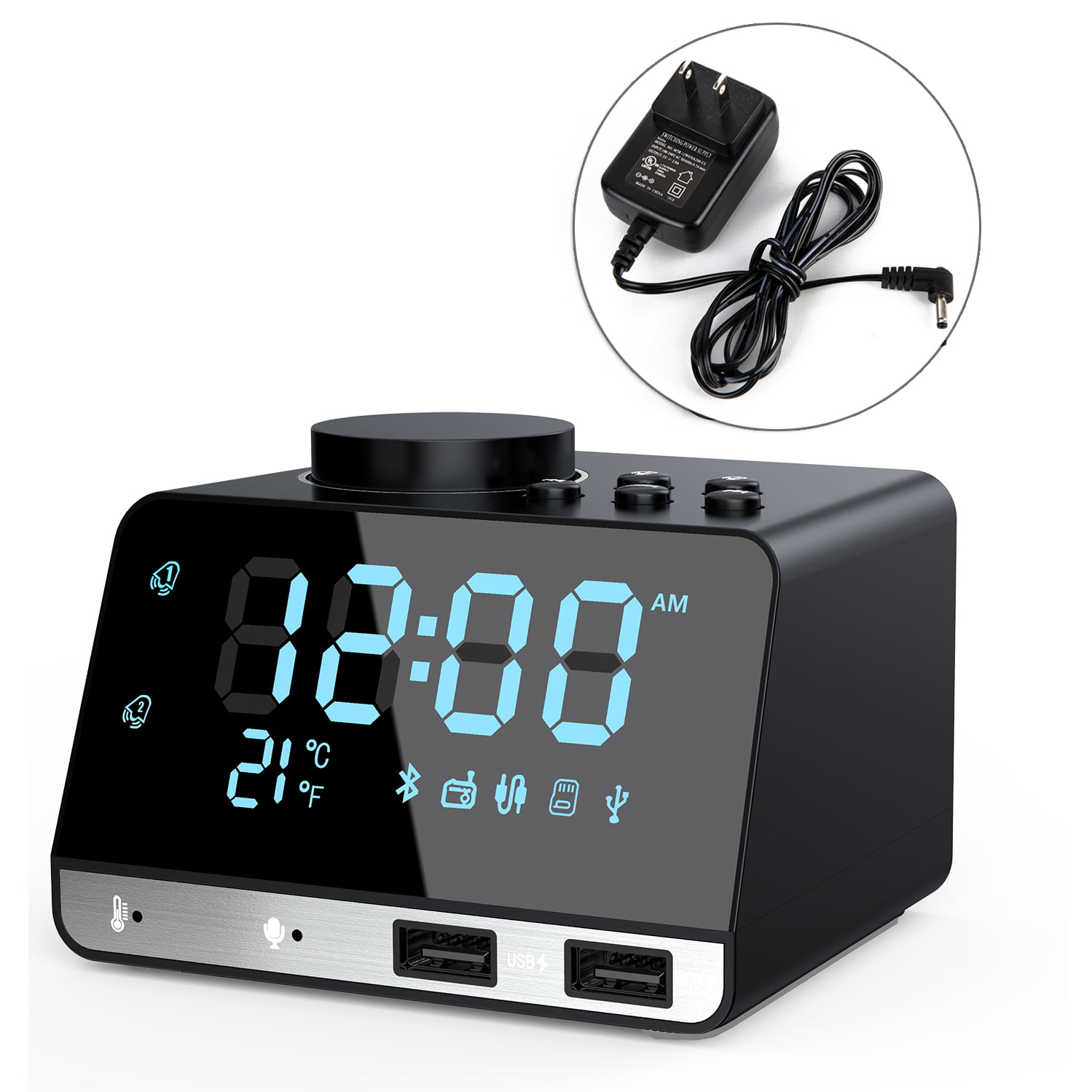 White Clock Radio Bluetooth V5.0 Portable Speaker with HD Sound and Bass,1.4 Inch Blue Display with Dimmer,Dual Alarm,Snooze,Backup Battery,Adjustable Alarm Volume Sleep Timer,USB Charging Port 