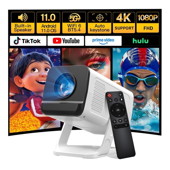 Mini Projector with WiFi 6 and Bluetooth 5.4 Built-in Apps Portable Projector Android 11 Auto Keystone 1080P 4K Support for Bedroom Outdoor Compatibl