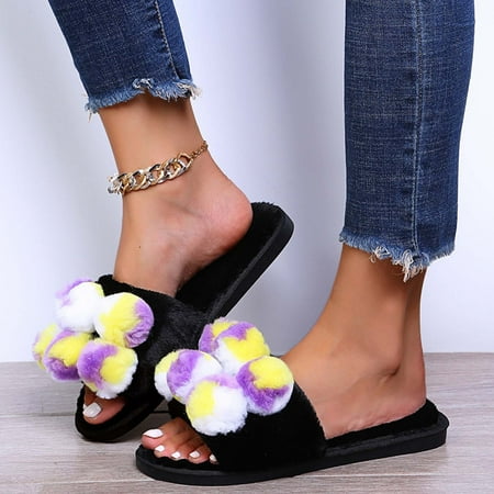 

Binmer Plush Cotton Slippers Color Fur Ball Slippers Women s Casual Home Flat Flip Flops