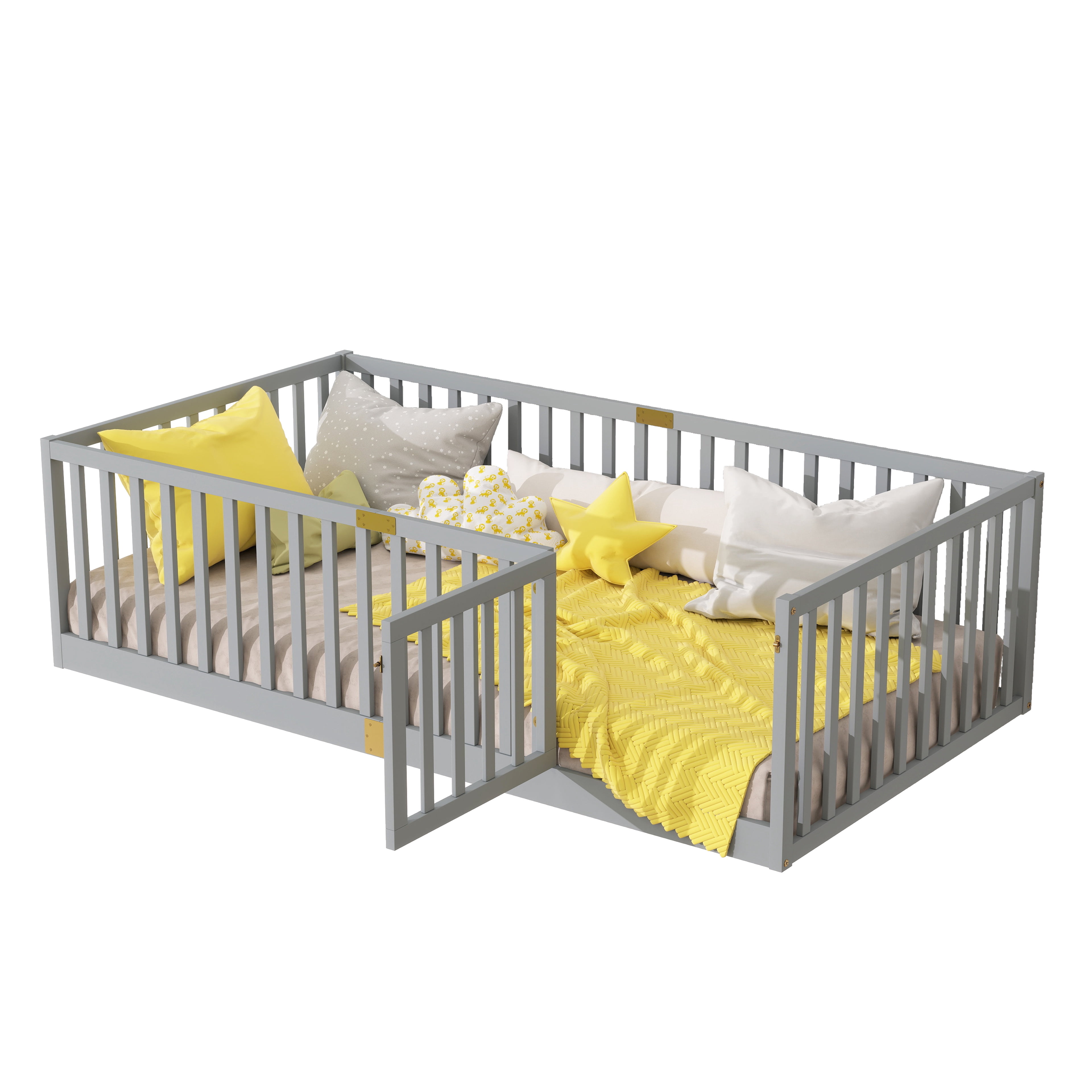 Sesslife Twin Size Floor Bed with High Fence & Door, Wood Twin Bed Frame with Salts and 21.5” Safety Guardrails, Twin Floor Bed for Boys Girls, No Box Spring Needed, Grey