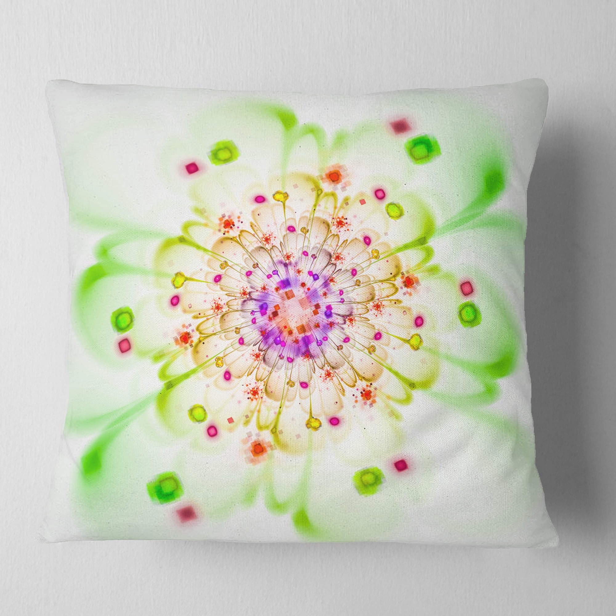 Designart Perfect Glowing Fractal Flower in Green - Floral Throw Pillow - 18x18