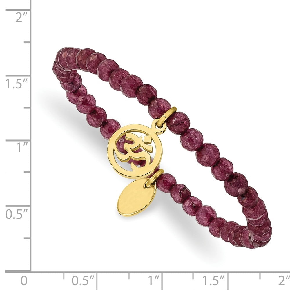 Diamond2Deal Stainless Steel Polished Yellow IP-Plated OHM 4mm Purple Jade Beaded Stretch Bracelet for Women 6.5"