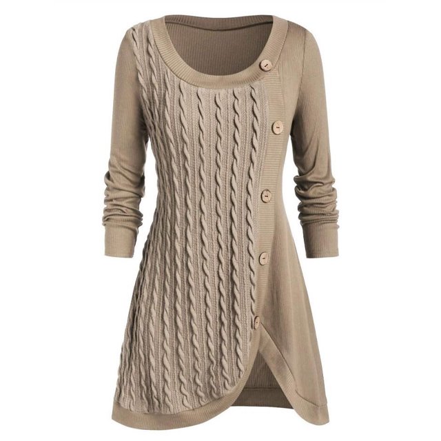 Jersey de punto con costura irregular y decoración de botones de manga larga y cuello redondo para mujer de talla grande