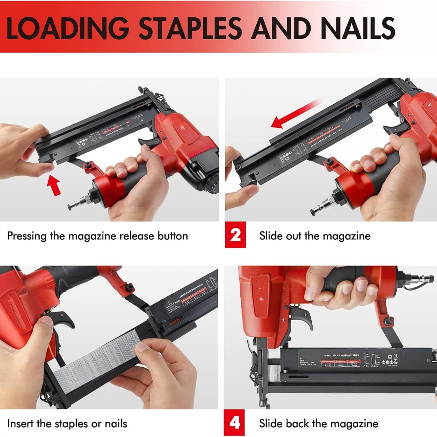 Pneumatic Brad Nailer, 18 GA, 2 in 1 Nail Gun and Crown Stapler, with 400pcs Nails/ 300pcs Staples, for Carpentry, DIY Project, Woodworking