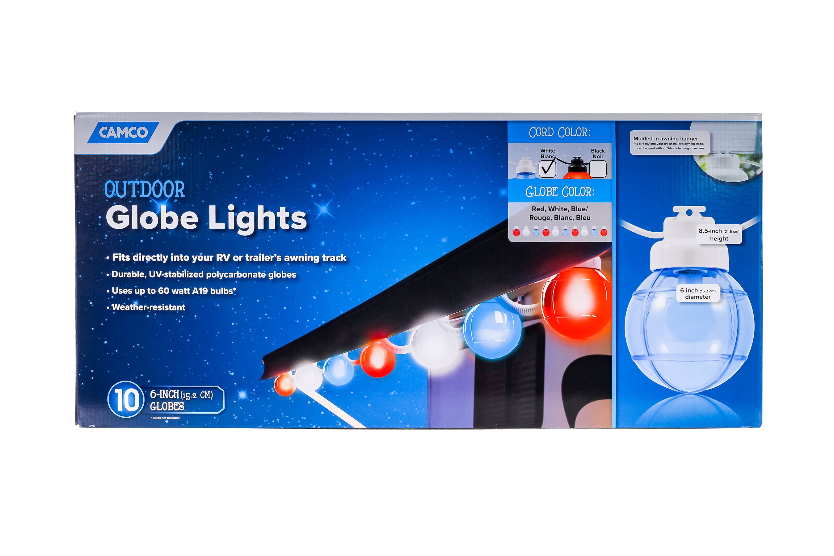 Camco Patriotic Globe Lights 10 Red, White and Blue Globes on White