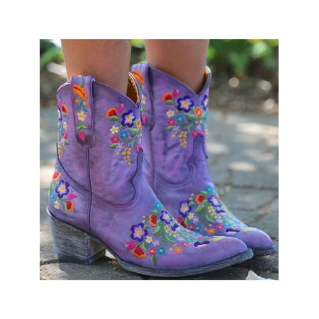 

Audeban Women s Embroidered Mid Calf Booties Chunky Cowboy Boots Casual Slip On Shoes