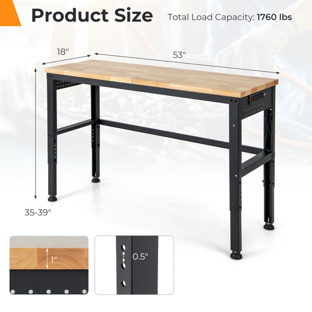 Demi Bonn 53" Adjustable Heavy-Duty Workbench with Rubber Wood Top for Home Office Sturdy Writing Workstation, Brown