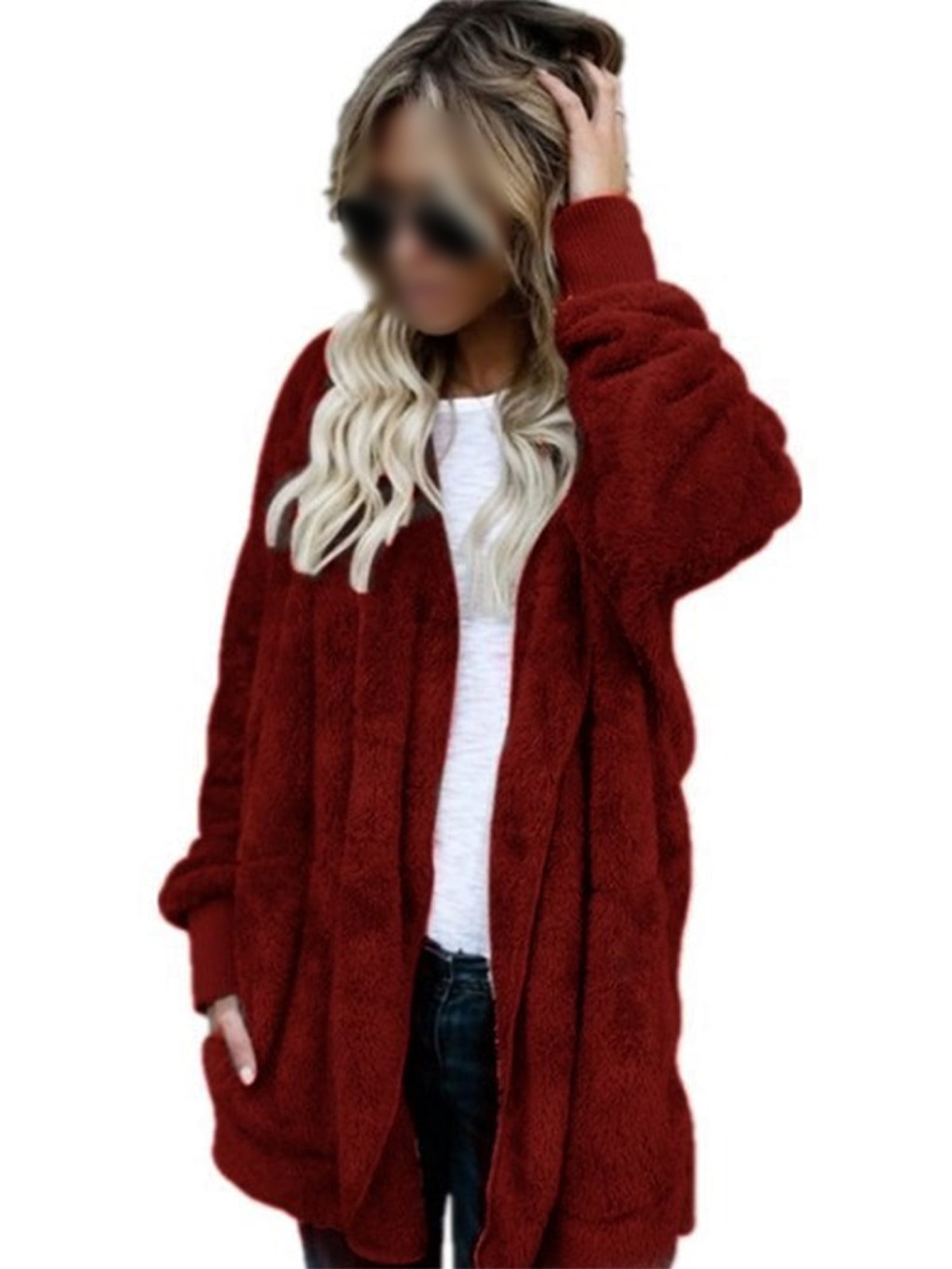 Fleece Cardigans for Women Casual Long Sleeve Fuzzy Open Front Hooded Jacket Coat with Pockets 