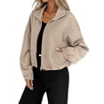 thumbnail image 3 of Chaqueta de Béisbol Holgada Informal con Cuello Alto, Cremallera y Dobladillo con Cordón Ajustable para Mujer. Caqui S, 3 of 10