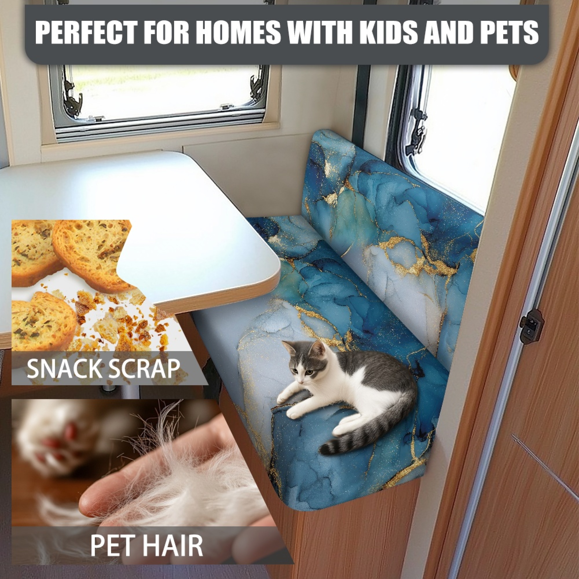 FOR U DESIGNS Blue Gold Marble Pattern 2 Pcs RV Dinette Cushion Covers Replacement RV Dinette Booth Seats Cover Elastic Sofa Chair Cover Furniture Protector for RV Camper Car Bench