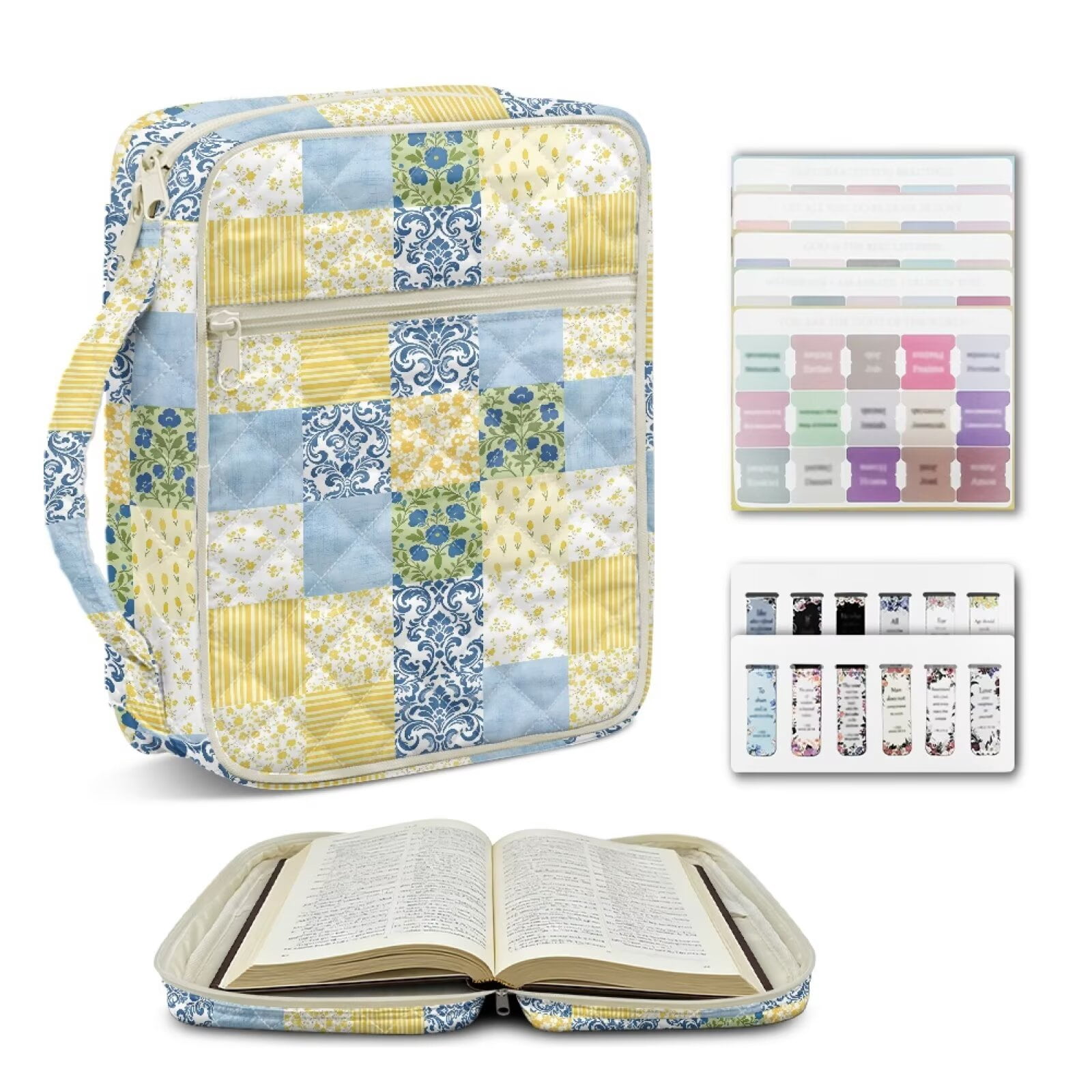 Pzuqiu Checkered Flower Large Bible Case includes 75 Bible Tabs & 12 Bookmarks Multi-Functional Scripture Book Cover Organizer for Book Lovers ,Bibles Accessories Perfect Gift