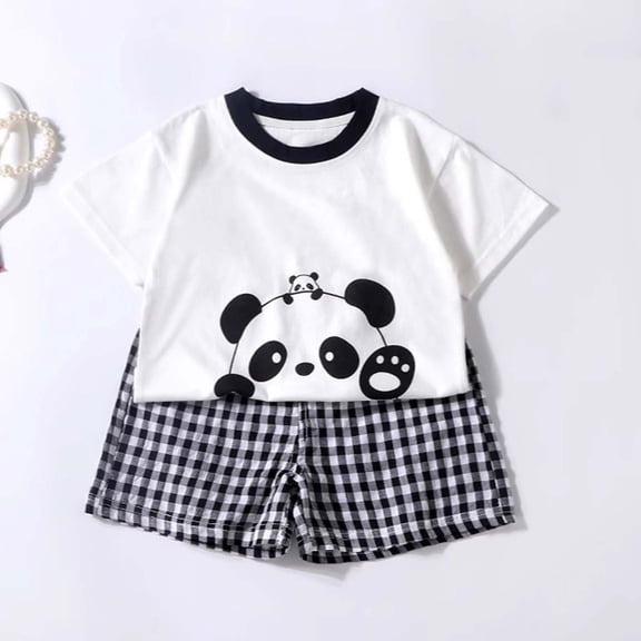 SGFCWSX Boys Girls 2 Piece Outfits Graphic Short Sleeve T-Shirt and Gingham Plaid Shorts Summer Casual Clothes Set for Kids Black Size 3T