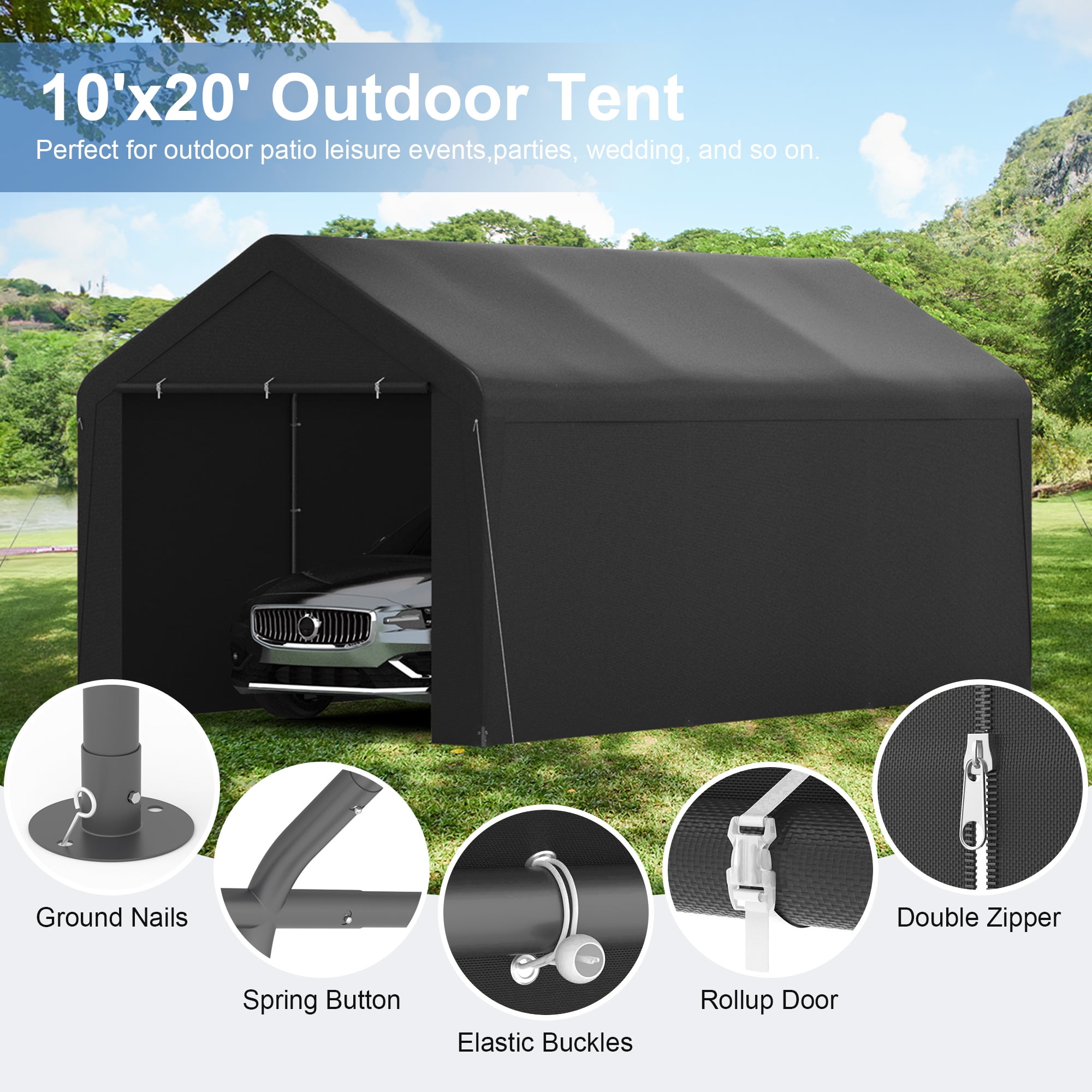 GOJOOASIS 10' x 20' Heavy Duty Carport Storage Shelter Car Canopy Tent with Side Walls, Black