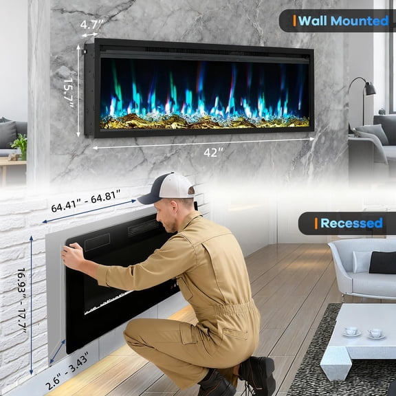 GIMMYFIVE 50" Electric Fireplace Insert, Recessed or Wall-Mounted, 12 Flame Colors, 750/1500W, Remote & Touch Control