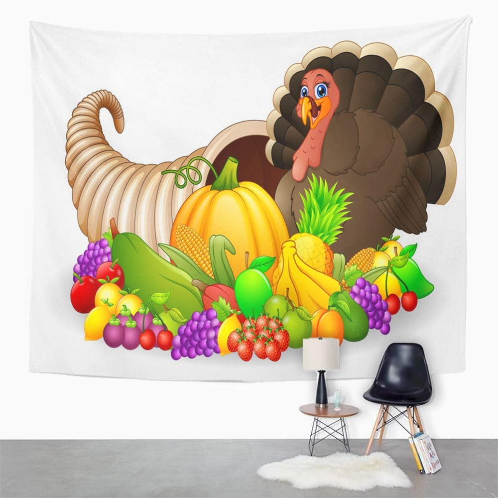 XDDJA Thanksgiving Horn Plenty Cornucopia Full Vegetables and Fruit with Cartoon Wall Art Hanging Tapestry Home Decor for Living Room Bedroom Dorm 60x80 inch Walmart